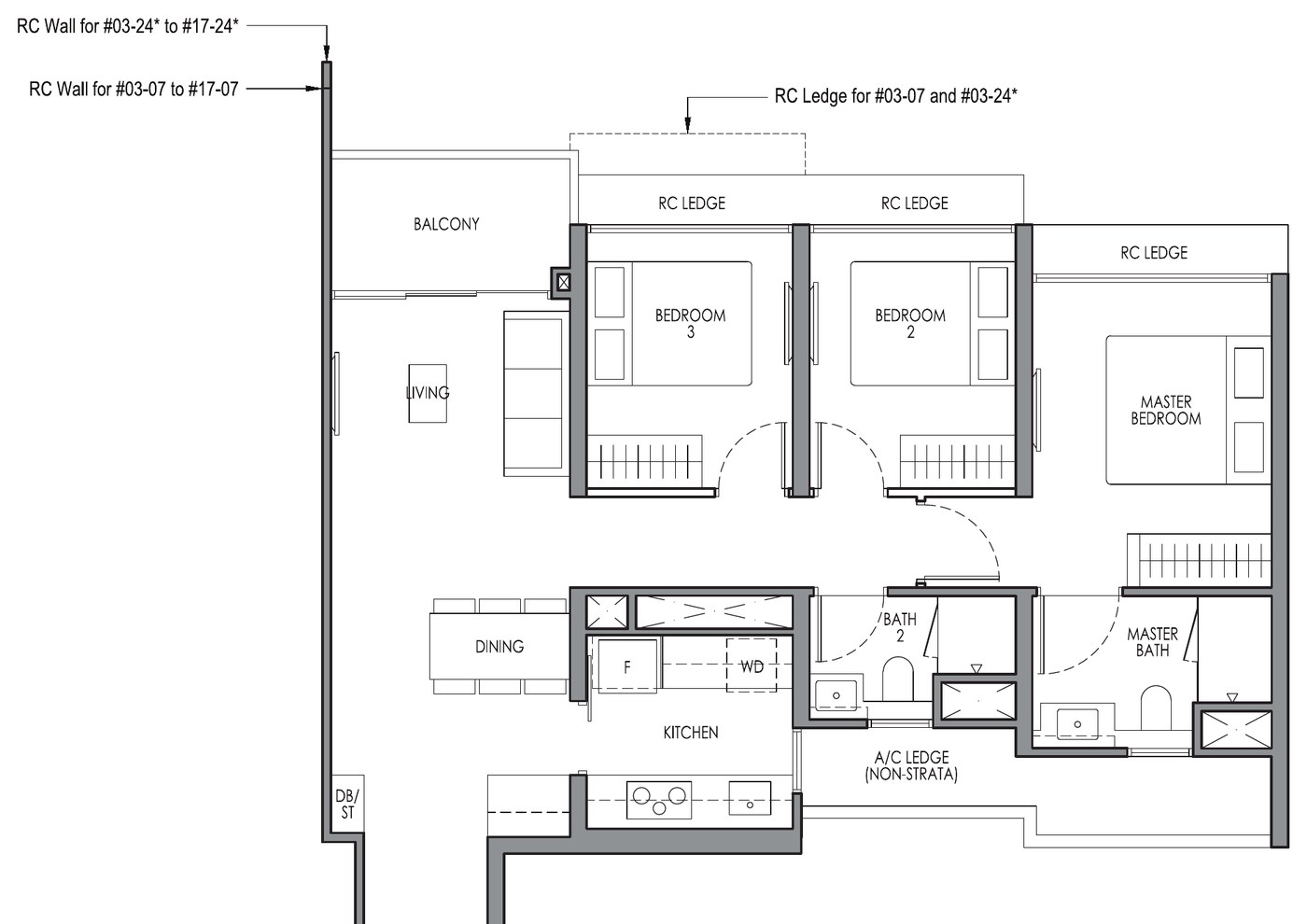 3 Bedroom Type C2 floor plan — 883 sqft