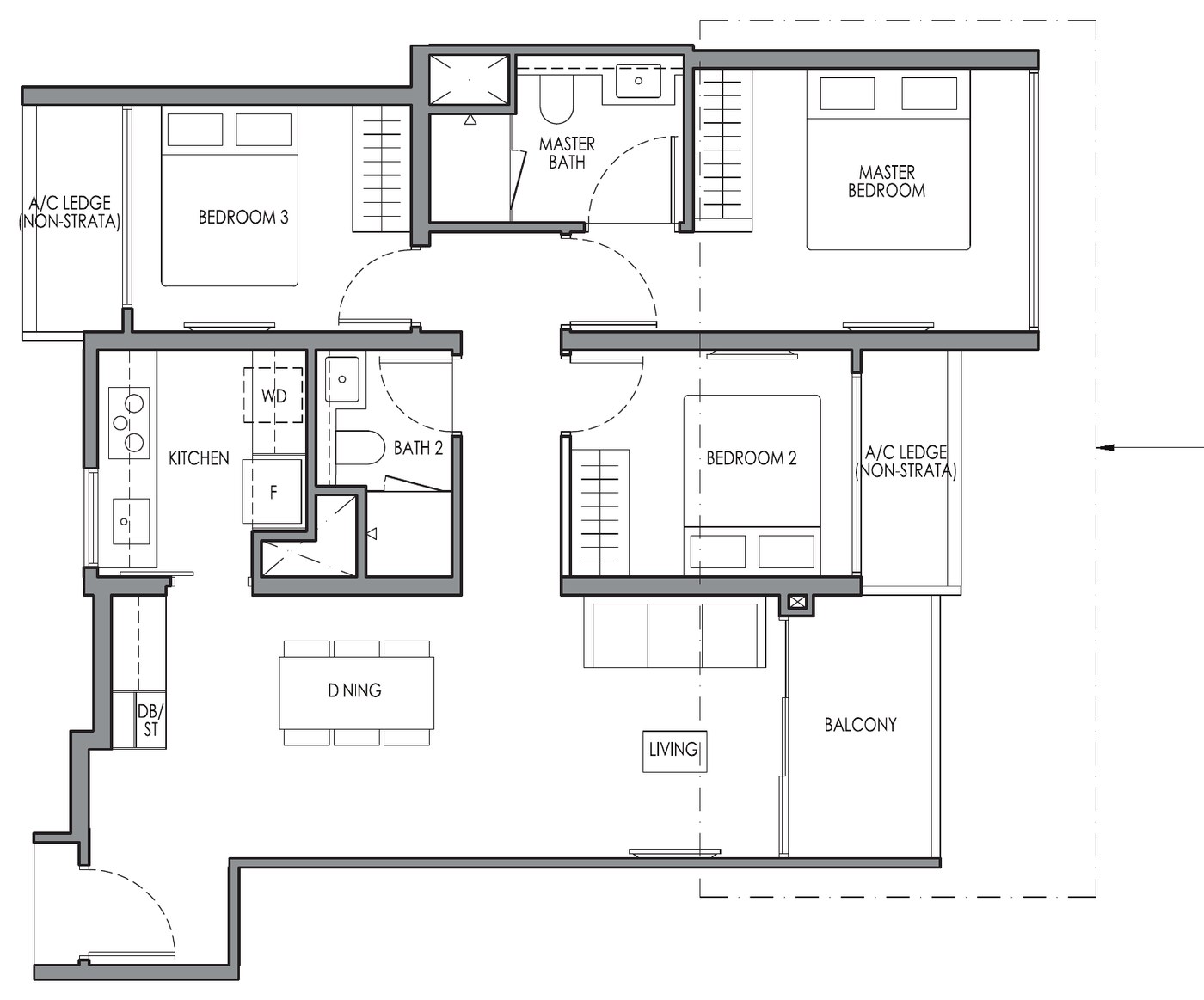 3 Bedroom Type C3 floor plan — 893 sqft