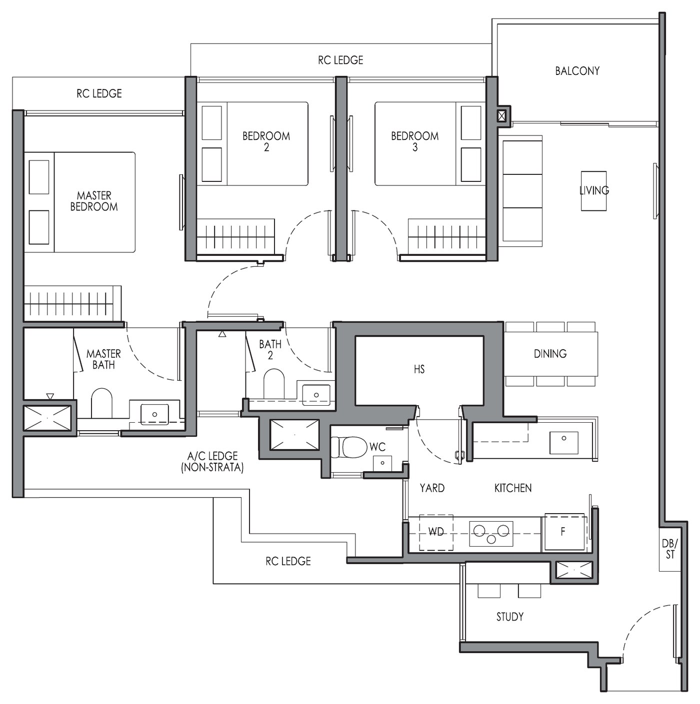 3 Bedroom Premium + Study Type CP4S floor plan — 1,001 sqft